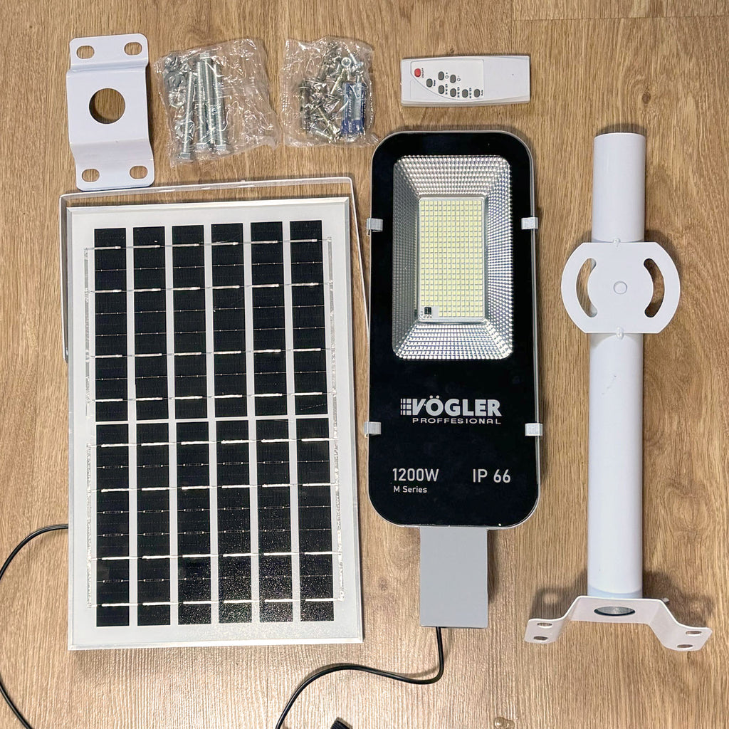 Jaudrs saules enerģijas darbināts apgaismojuma lukturis, krēslas sensors, tālvadības pults, Vögler Professional 1200W