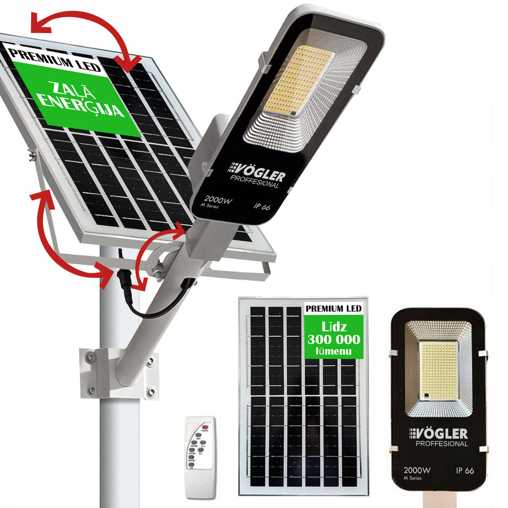 Jaudrs saules enerģijas darbināts apgaismojuma lukturis, krēslas sensors, tālvadības pults, Vögler Professional 2000W