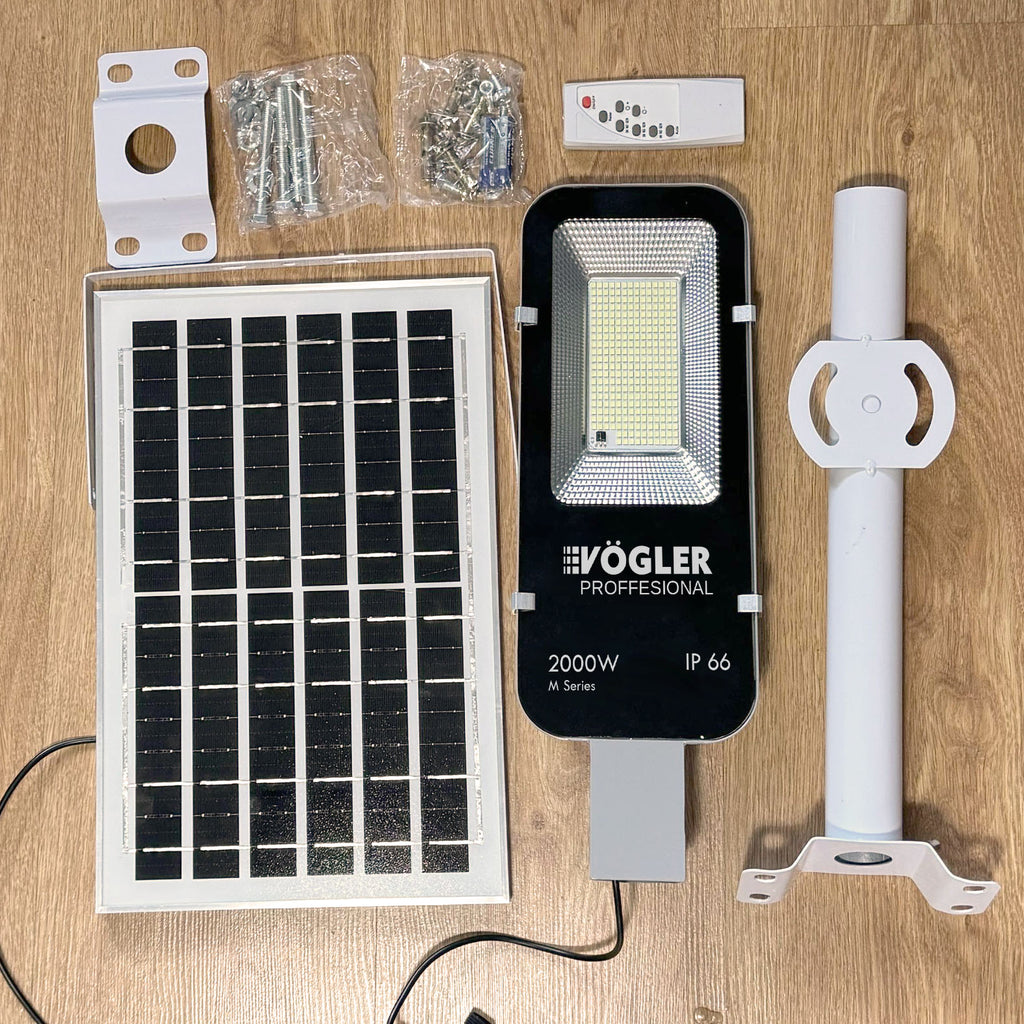 Jaudrs saules enerģijas darbināts apgaismojuma lukturis, krēslas sensors, tālvadības pults, Vögler Professional 2000W