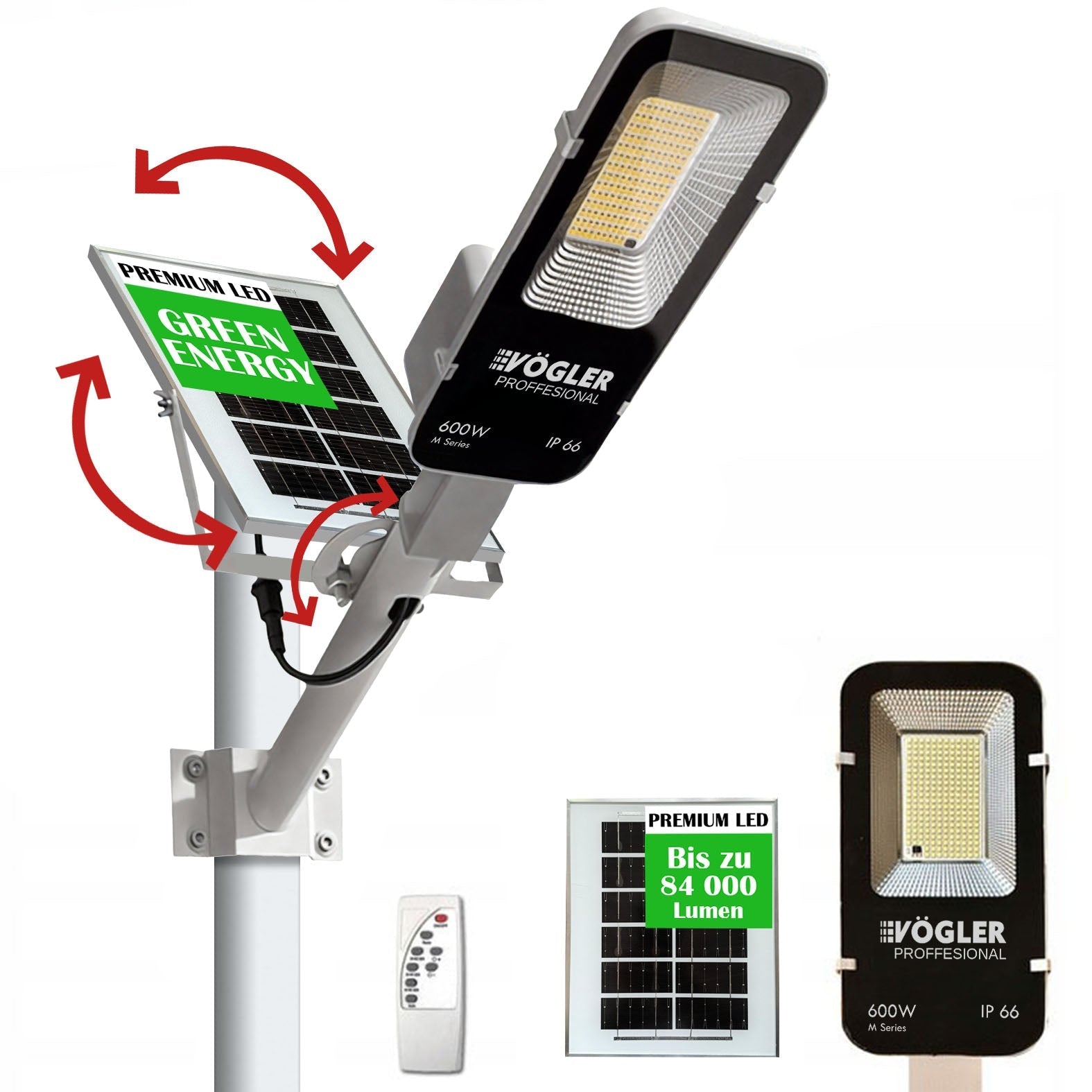 Jaudrs saules enerģijas darbināts apgaismojuma lukturis, krēslas sensors, tālvadības pults, Vögler Professional 600W