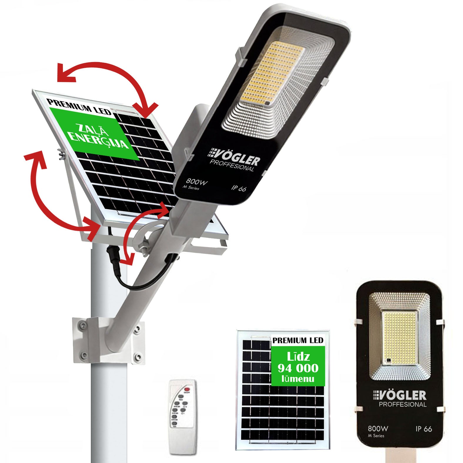 Jaudrs saules enerģijas darbināts apgaismojuma lukturis, krēslas sensors, tālvadības pults, Vögler Professional 800W