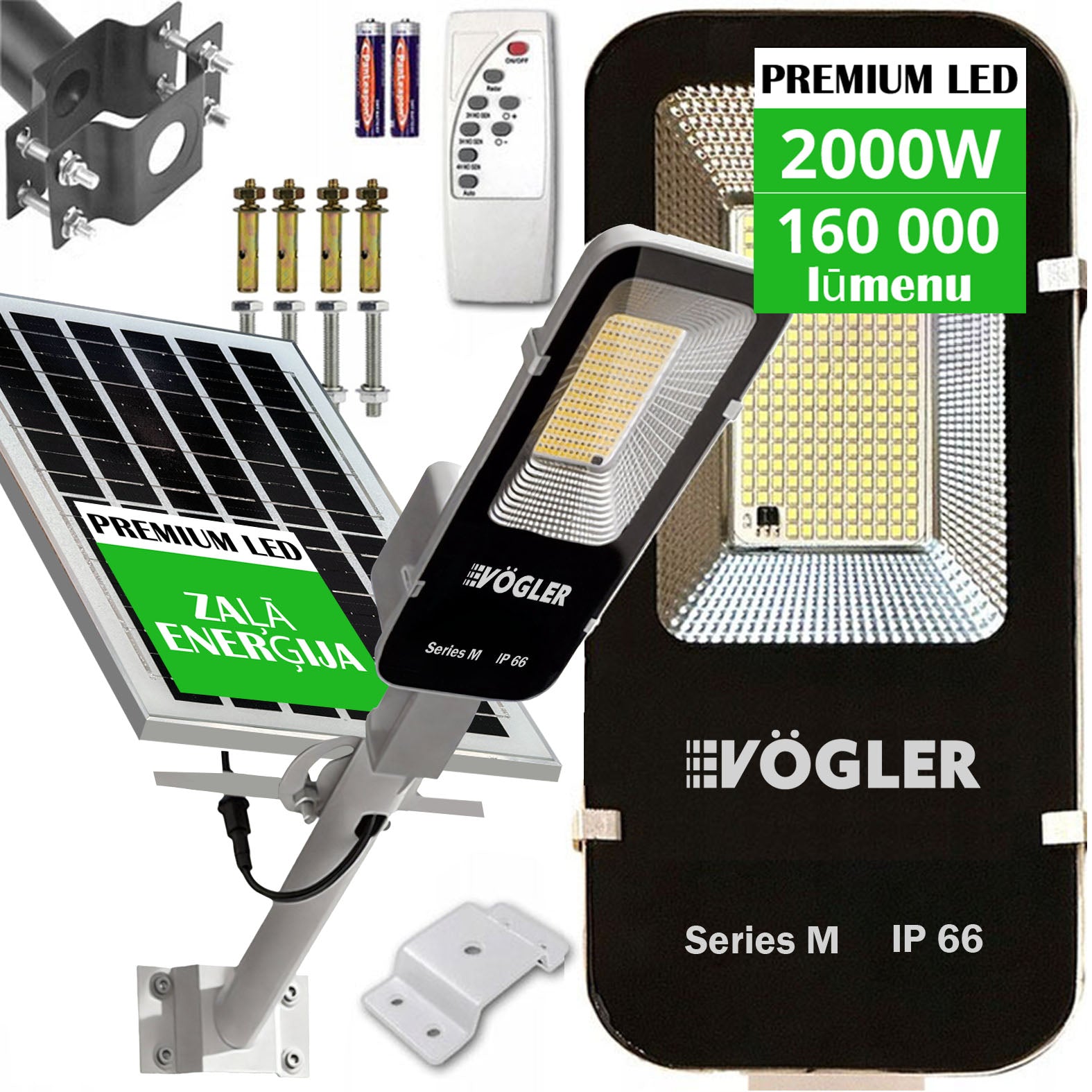 Jaudra saules enerģijas lukturis, krēslas sensors, tālvadības pults, Vögler Series M 2000W