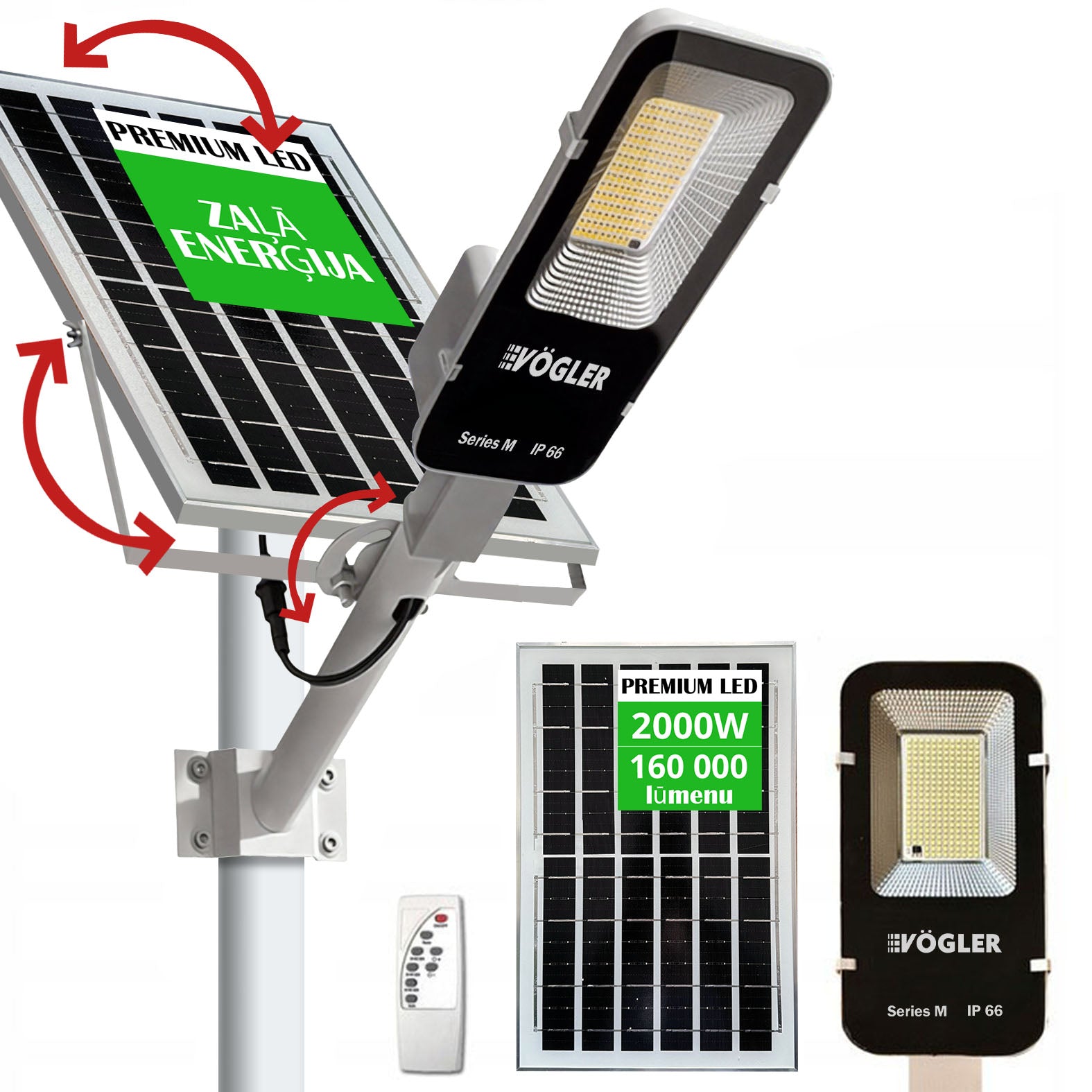 Jaudra saules enerģijas lukturis, krēslas sensors, tālvadības pults, Vögler Series M 2000W