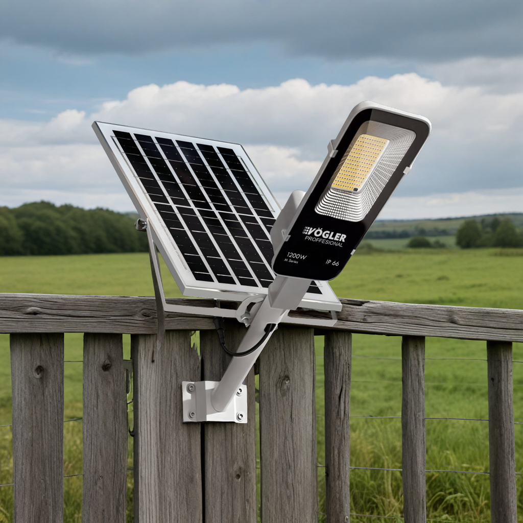 Jaudrs saules enerģijas darbināts apgaismojuma lukturis, krēslas sensors, tālvadības pults, Vögler Professional 1200W