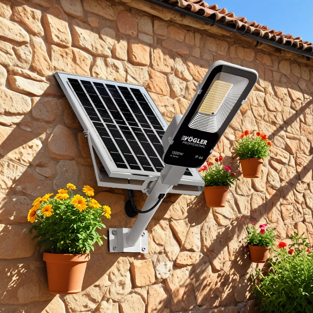 Jaudrs saules enerģijas darbināts apgaismojuma lukturis, krēslas sensors, tālvadības pults, Vögler Professional 1500W