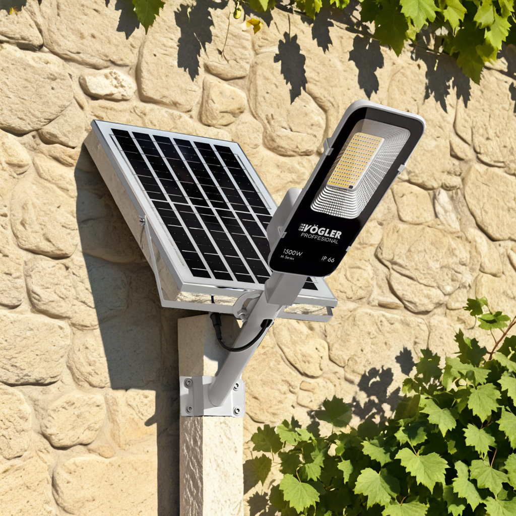 Jaudrs saules enerģijas darbināts apgaismojuma lukturis, krēslas sensors, tālvadības pults, Vögler Professional 1500W
