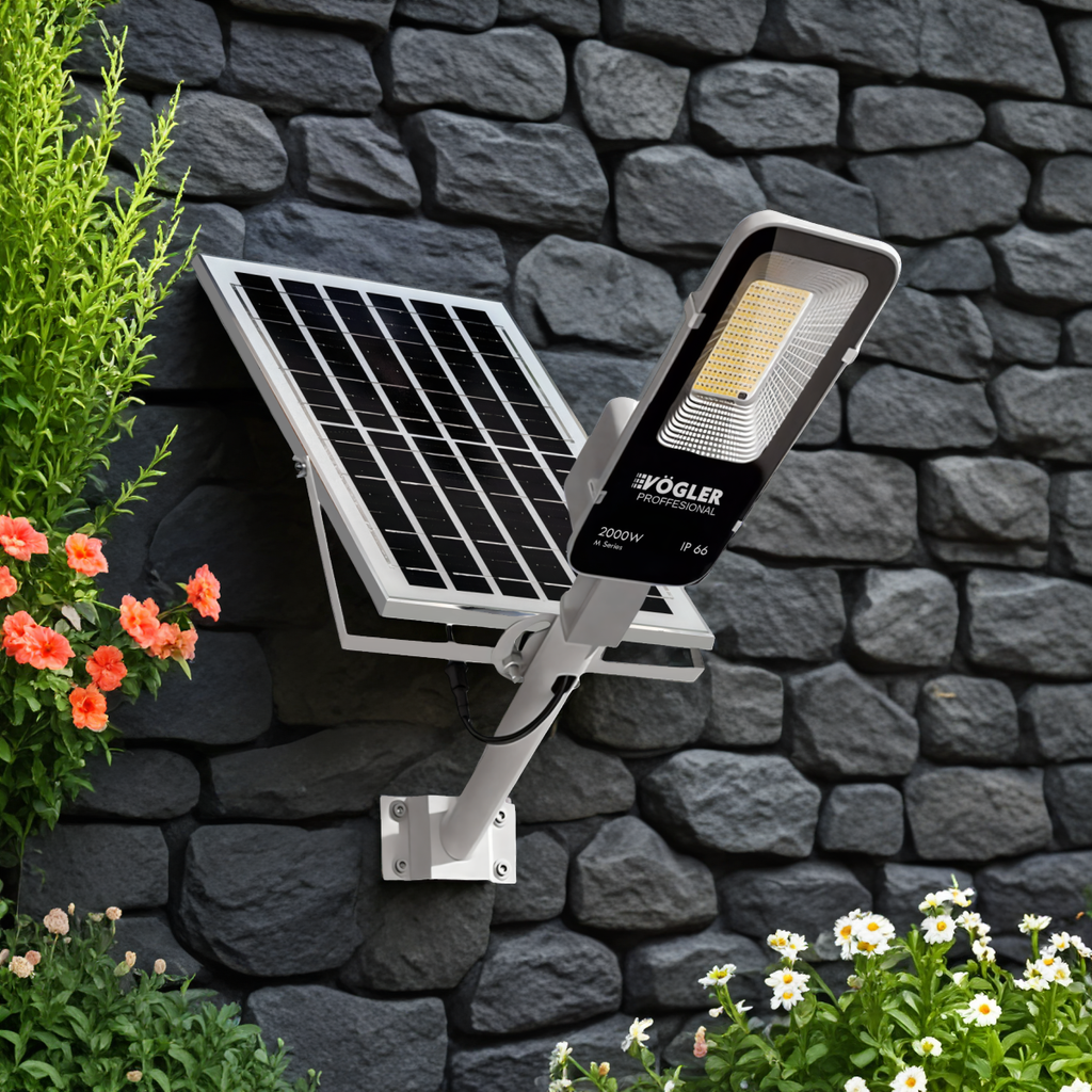 Jaudrs saules enerģijas darbināts apgaismojuma lukturis, krēslas sensors, tālvadības pults, Vögler Professional 2000W