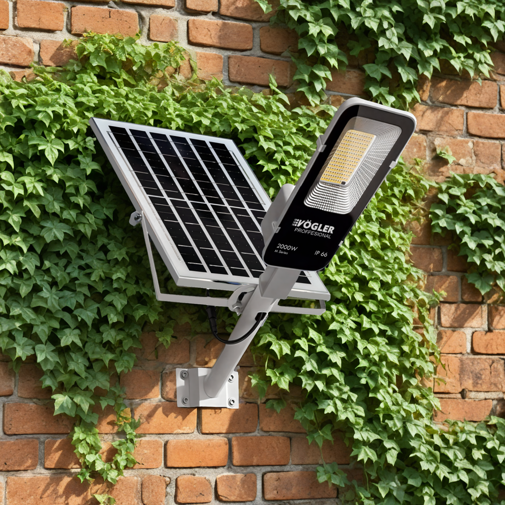 Jaudrs saules enerģijas darbināts apgaismojuma lukturis, krēslas sensors, tālvadības pults, Vögler Professional 2000W