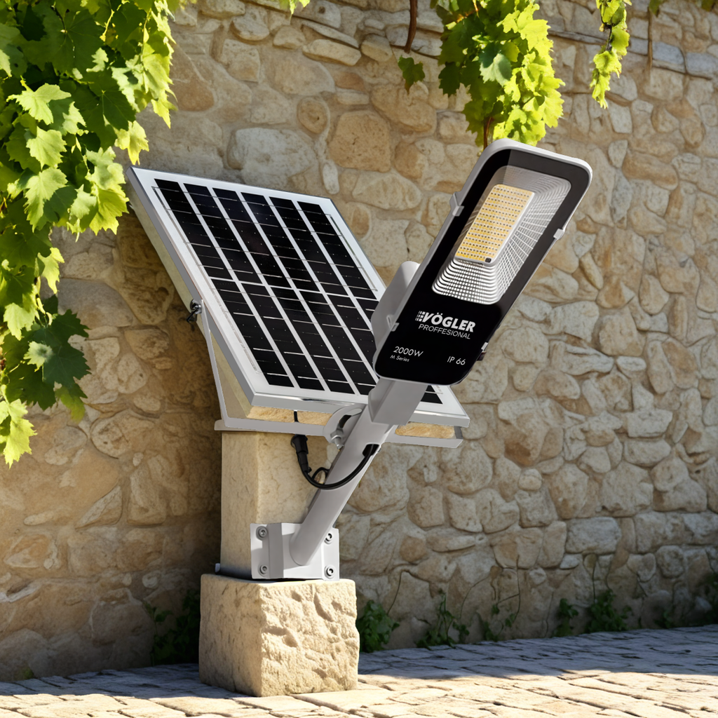 Jaudrs saules enerģijas darbināts apgaismojuma lukturis, krēslas sensors, tālvadības pults, Vögler Professional 2000W