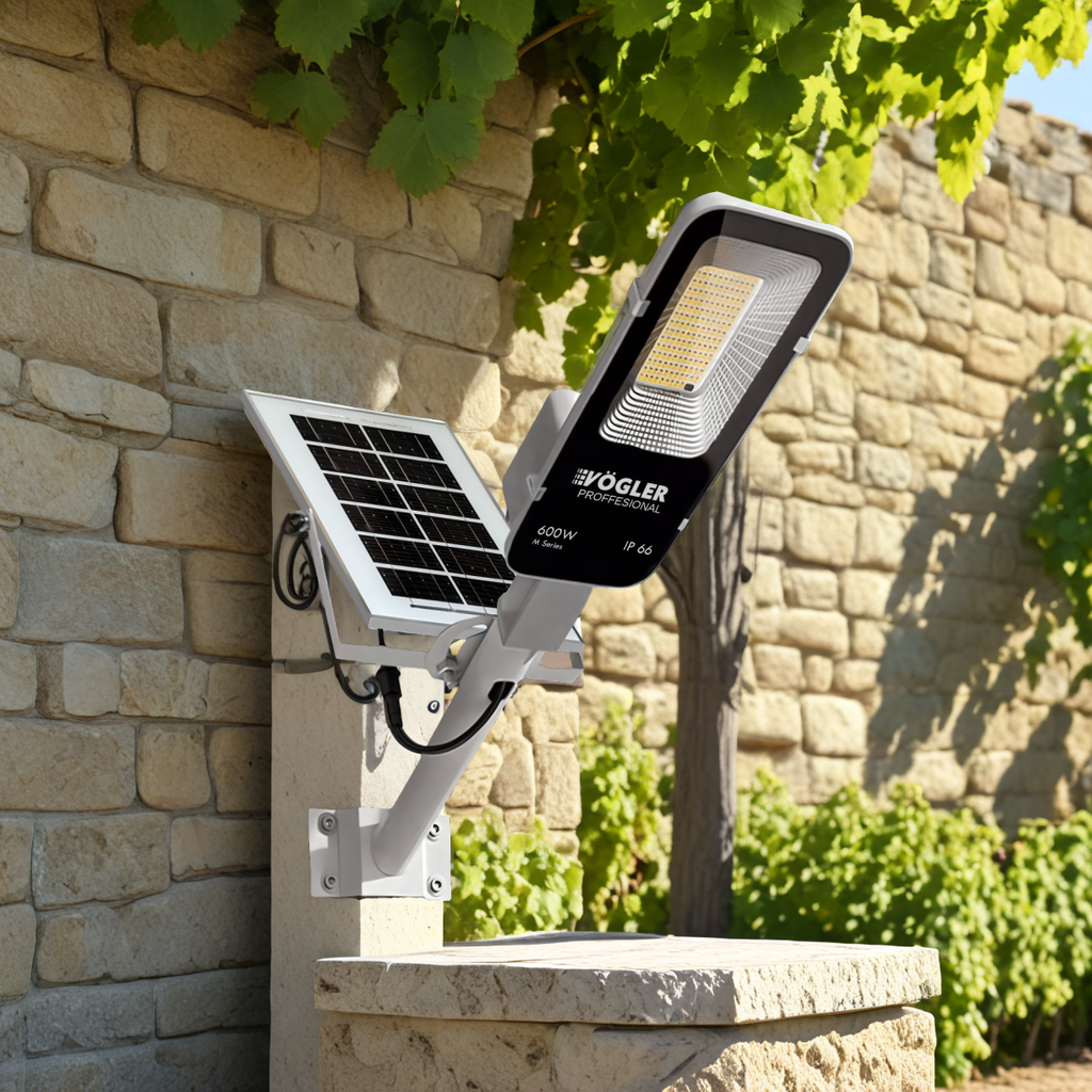Jaudrs saules enerģijas darbināts apgaismojuma lukturis, krēslas sensors, tālvadības pults, Vögler Professional 600W