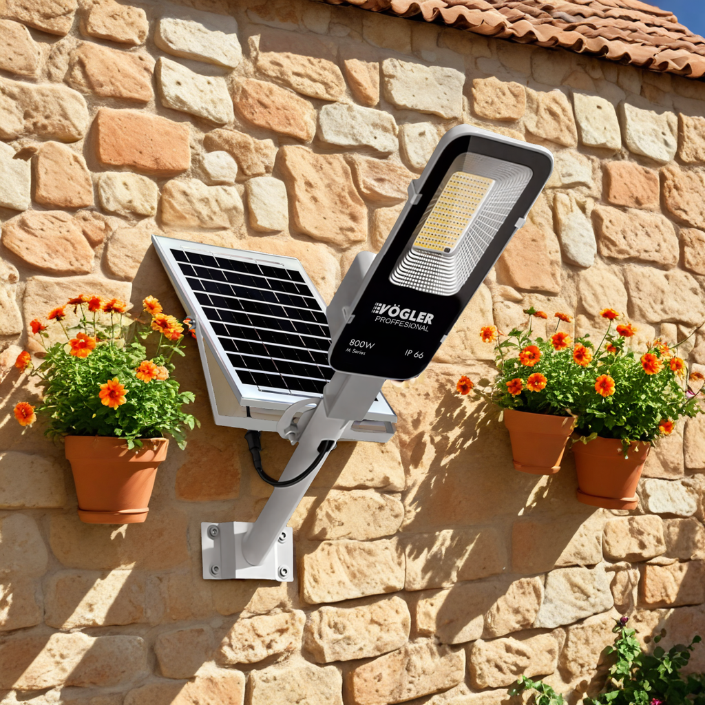 Jaudrs saules enerģijas darbināts apgaismojuma lukturis, krēslas sensors, tālvadības pults, Vögler Professional 800W