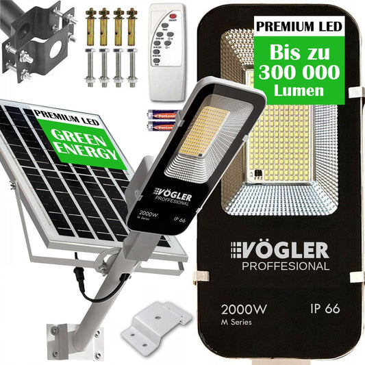 Jaudrs saules enerģijas darbināts apgaismojuma lukturis, krēslas sensors, tālvadības pults, Vögler Professional 2000W