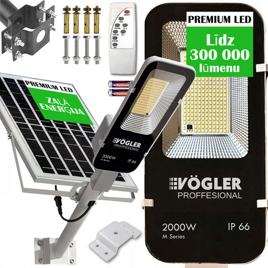 Jaudrs saules enerģijas darbināts apgaismojuma lukturis, krēslas sensors, tālvadības pults, Vögler Professional 2000W