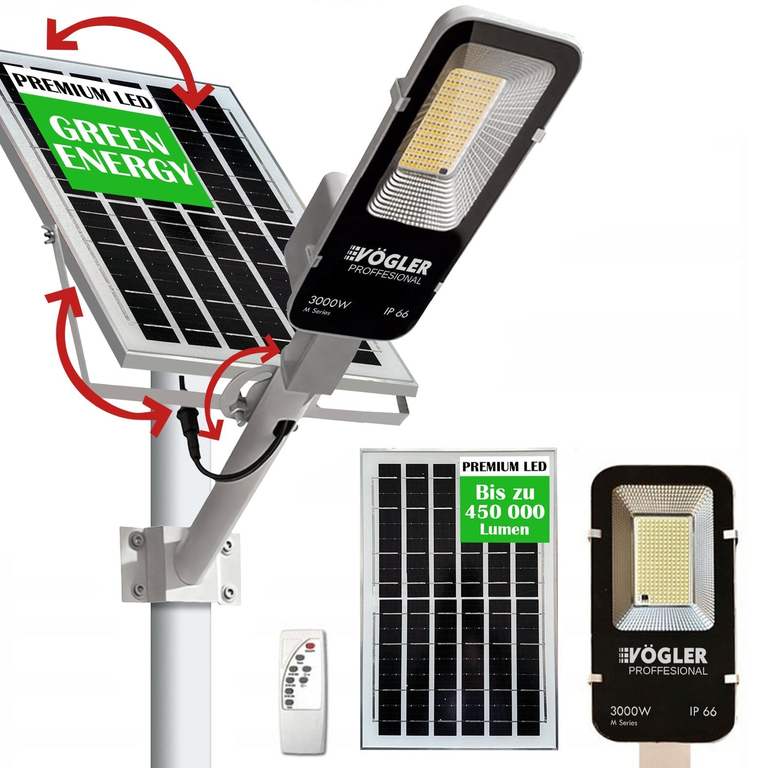 Jaudrs saules enerģijas darbināts apgaismojuma lukturis, krēslas sensors, tālvadības pults, Vögler Professional 3000W
