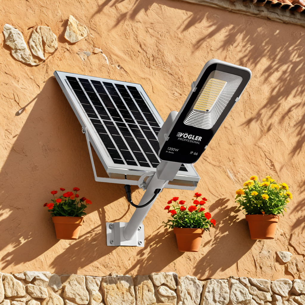 Jaudrs saules enerģijas darbināts apgaismojuma lukturis, krēslas sensors, tālvadības pults, Vögler Professional 1200W